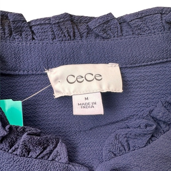 CeCe Womens Medium Navy Button Down Pintuck Ruffle Sleeve Blouse NWT - Picture 3 of 5